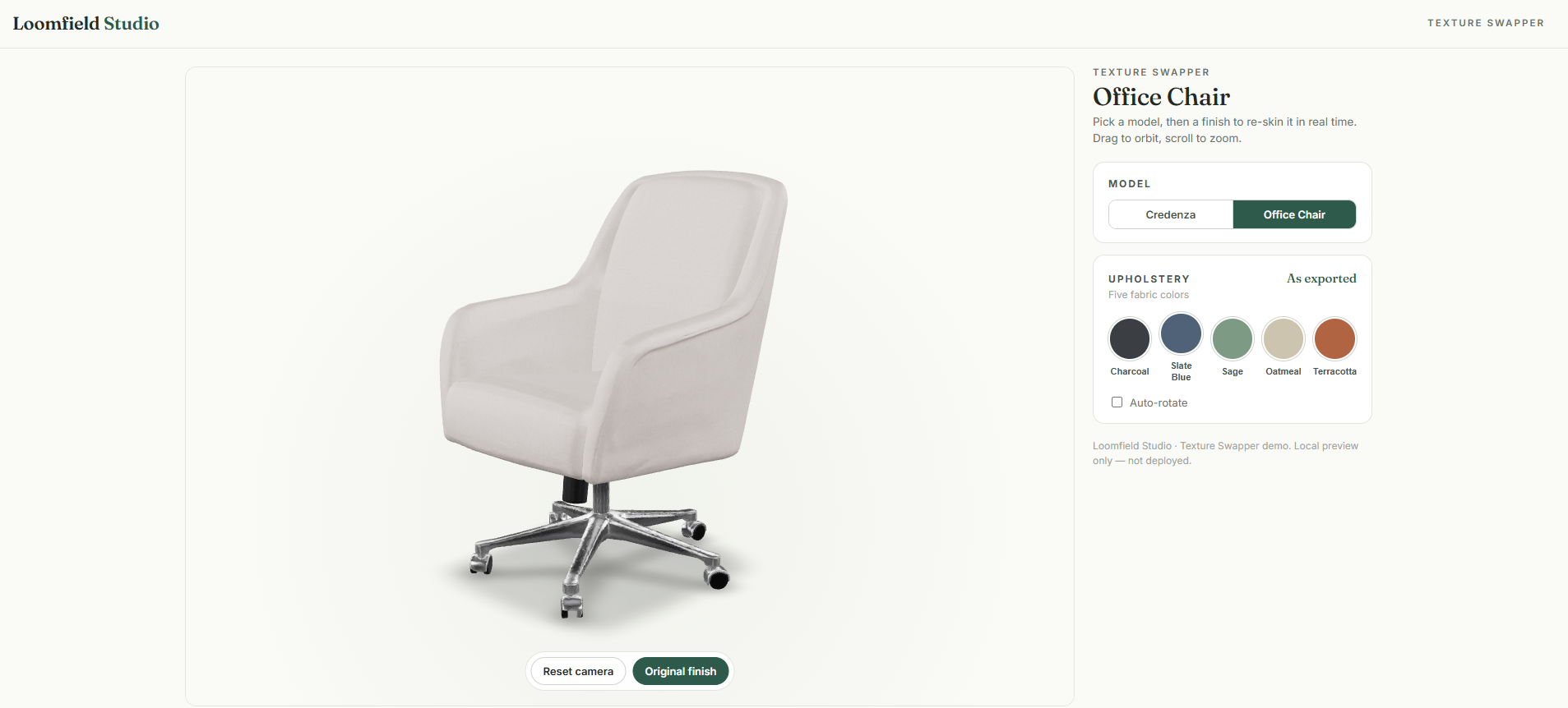 Loomfield texture swapper demo — an office chair in a live viewer with a model picker and five upholstery colours: charcoal, slate blue, sage, oatmeal and terracotta