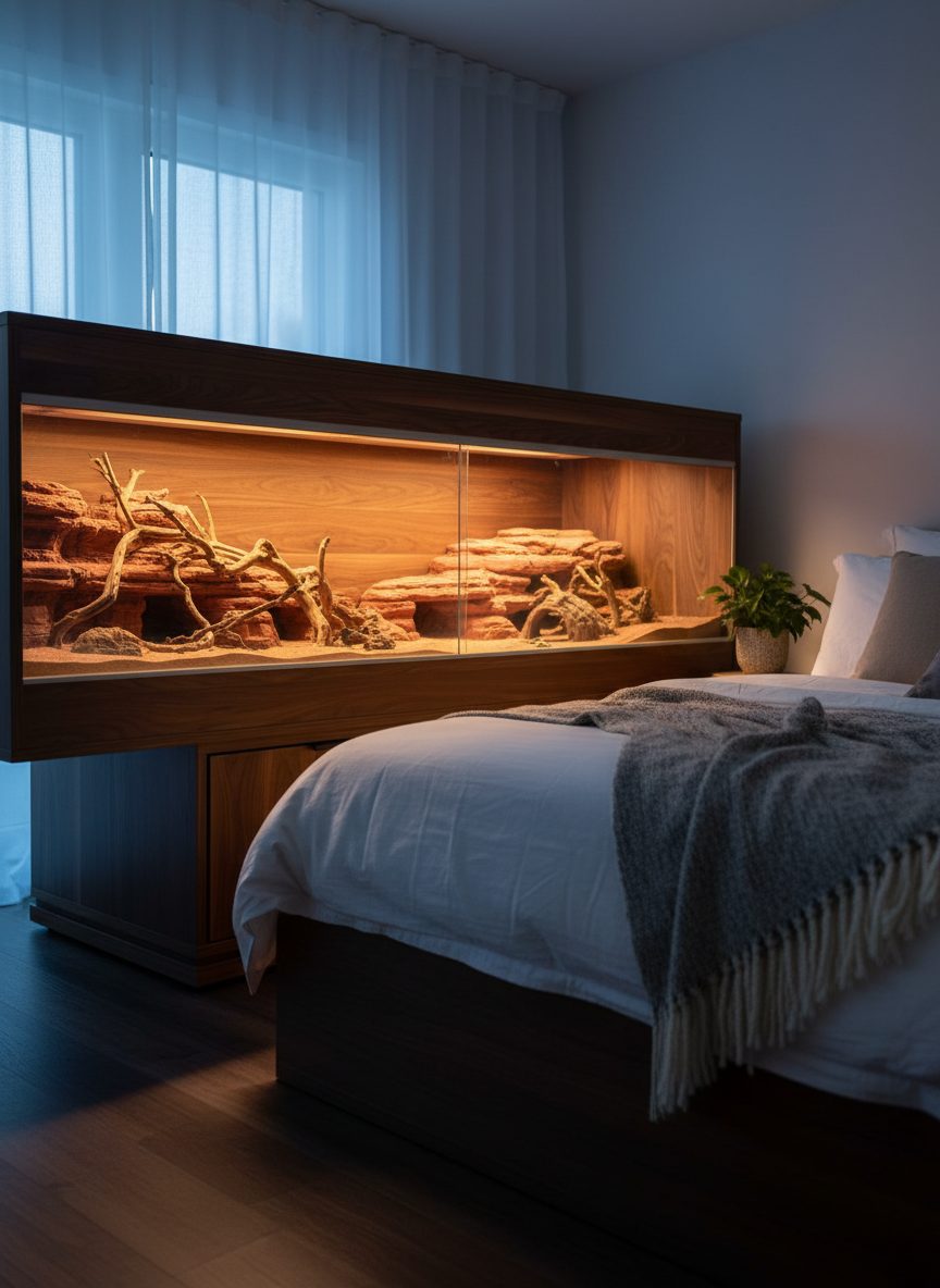 Bedroom with a custom terrarium-headboard bed