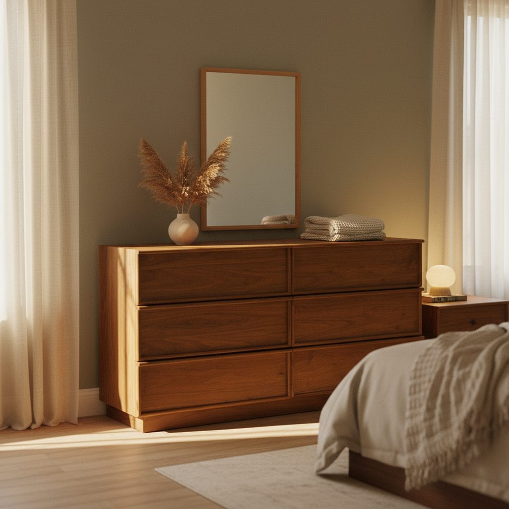 Wood dresser styled in a sunlit bedroom