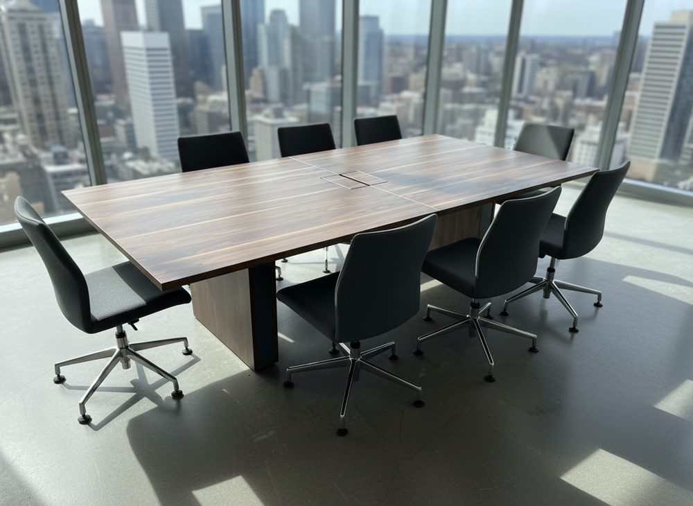 Conference table with a city skyline view