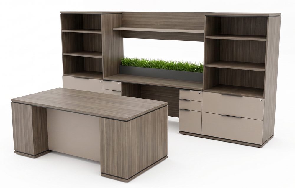 Driftwood office collection with bookcases and planter