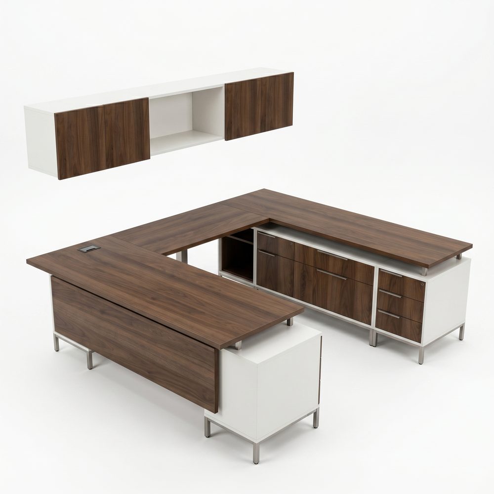 Walnut and white executive desk suite